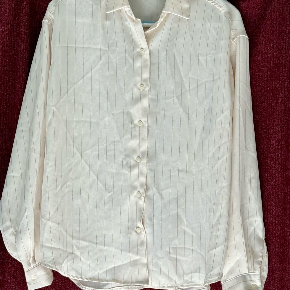 Rafaella Cream Metallic Pinstripe Blouse Women’s Work Office S Top EUC Boss Vibe